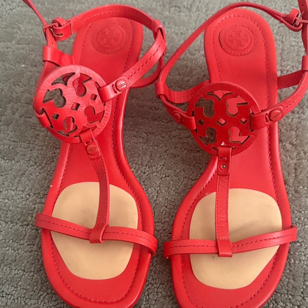 Tory Burch Red Leather Miller T-Strap Sandals